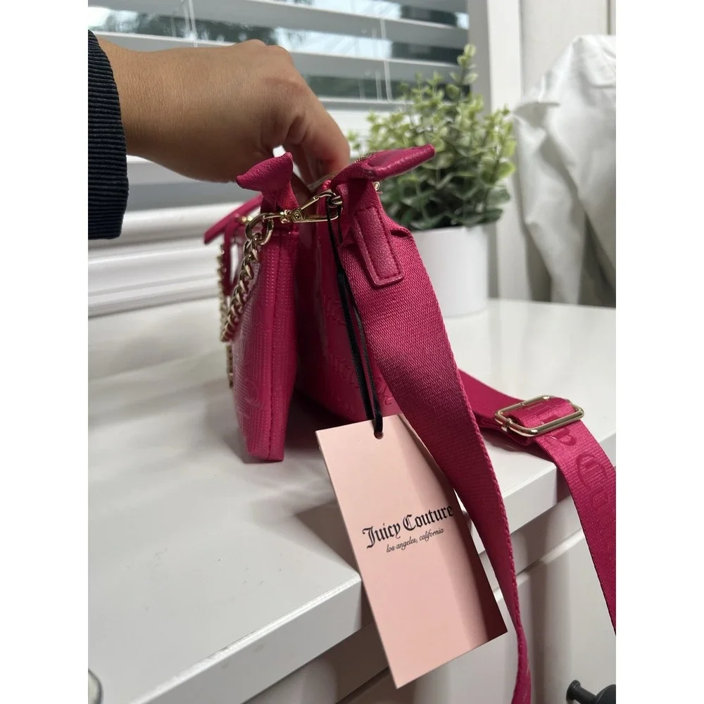 Juicy Couture Double Trouble Crossbody Bag Hot Pink Purse Gold Chain Pockets Zip